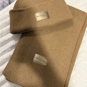 Michael Kors Camel Ribbed Beanie and Scarf Set